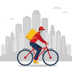 Cool male courier person character riding bicycle with delivery box. Courier bicycle delivery service.