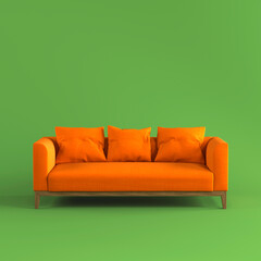 Modern scandinavian bright orange fabric sofa with soft pillows on wooden legs on green background flat lay front view. Furniture, single piece of interior object. Stylish trendy couch