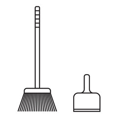 Manual broom and scoop for cleaning. Black and white icon. Vector Illustration