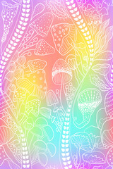 Seamless pattern with colorful magic mushrooms in doodle style. 60s hippie psychedelic art. Vector. Print for fabric