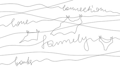 Family bonds and relationships abstract representation in cartoon sketch. Clothes dry in wind on tiny ropes or threads that transform to words - love, family, bonds and connection. Connecting line. - 429175131