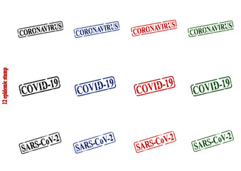 set of stamps with Coronavirus / Covid-19 / SARS-CoV-2 in black, blue, red and green colors	