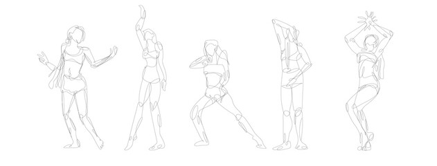 Vector linear illustration of a girl who dances