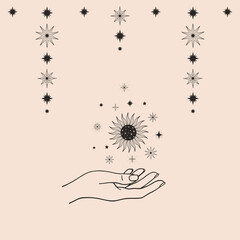 Hand drawn card of mystical Sun with woman`s hands, stars in line art. Spiritual symbol celestial space. Magic talisman, antique style, boho, tattoo, logo. Astrology, astronomy vector illustration