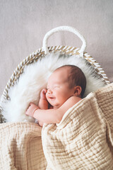 Sleeping newborn baby in basket wrapped in blanket in white fur background. Portrait of little...