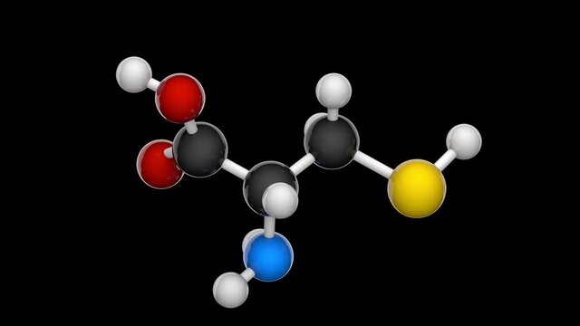 Cysteine (symbol Cys or C) is a semiessential proteinogenic amino acid. Formula: C3H7NO2S. 3D render. Seamless loop. Chemical structure model: Ball and Stick. RGB + Alpha (Transparent) channel.