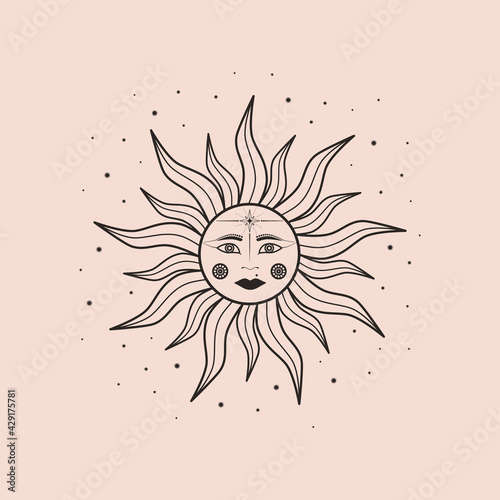 Hand Drawn Vector Of Mystical Sun With Woman S Face Star In Line Art Spiritual Symbol Celestial Space Magic Talisman Antique Style Vintage Boho Tattoo Astrology Astronomy Sketch Illustration Wall Mural Diana Kovach