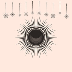 Hand drawn vector of mystical Sun with Moon, stars in line art. Spiritual symbol celestial space. Magic talisman, antique style, vintage, boho, tattoo, logo. Astrology, astronomy sketch illustration