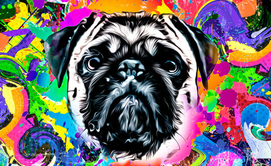 pug dog with a splash color art - obrazy, fototapety, plakaty