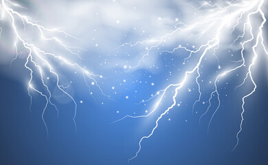 Fototapeta premium Vector image of realistic lightning. Flash of thunder on a transparent background.