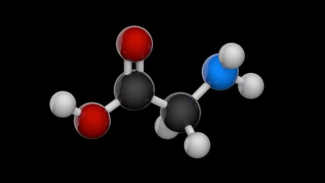 Glycine (symbol Gly or G) is found primarily in gelatin and used therapeutically as a nutrient. Formula: C2H5NO2. 3D render. Seamless loop. Model: Ball and Stick. RGB + Alpha (Transparent) channel.