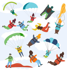 Parachute extreme free fall vector illustration set. Parachutist fall down in sky, female and male professional. Cartoon skydivers. Sky jump with parachute and paraglider