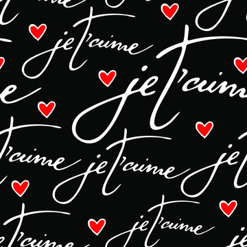 Vector chalkboard style seamless pattern.  Phrase I love you in french language and small red herts. Linear white on black design for textile, wrapping paper, wallpaper, scrapbooking. 