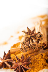 Cinnamon sticks and powder with star anise on copy space