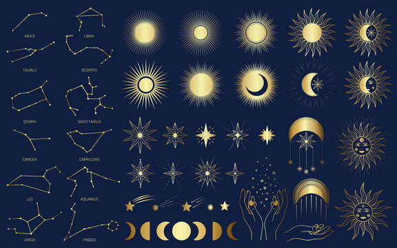 Hand drawn set of mystical Sun with woman`s face, moon, hand, zodiac symbol, star in line art. Spiritual celestial space, constellation, horoscope, astrology, magic galaxy talisman vector illustration