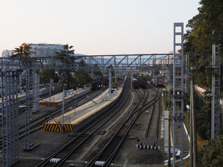 View of the railway station with rails, platforms and trains against the backdrop of the cityscape