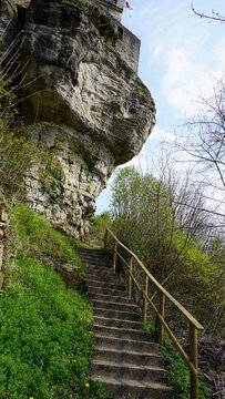 the steps up to the Buerg Fiels from the centre of the town Larochette in Luxembourg, April
