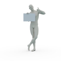 3D Render : clay texture male character hold the blank label with his hand , isolated