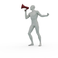3D Render : Clay texture male character hold the megaphone and shout , isolated