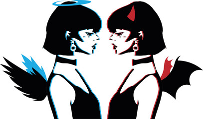 Angel and Demon - stylized profile portraits - vector
