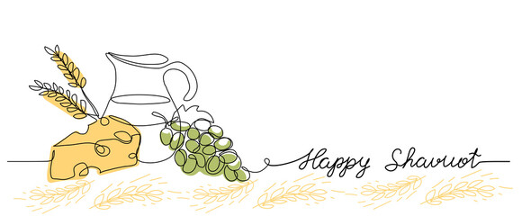 happy Shavuot vector web banner background. One continuous line drawing illustration with lettering happy Shavuot