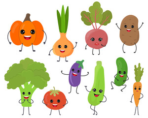 Set of cute funny cartoon vegetable characters kawaii style isolated on white background. Beetroot, potato, cucumber, tomato, eggplant, zucchini,  carrot,  broccoli, pumpkin, onion.