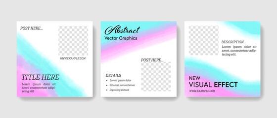 Elegant editable social media layouts with purple and blue green brush accent, square graphic banners for web shop, graphic templates for agents	