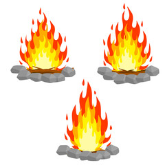 Red campfire. Orange flame. Tourist bonfire. Element of a hike. Heat and hot object. Fire lined with stones. Cartoon flat illustration