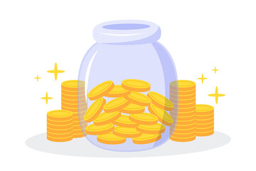 Money jar with many piles of coins isolated on white background. The creative concept idea of saving money and investment. Simple trendy cute vector illustration. Modern flat style graphic icon.