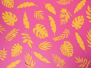 Fototapeta premium Natural tropical pattern with yellow paper palm leaves on pastel pink background. Minimal summer exotic texture concept. Flat lay, top view.