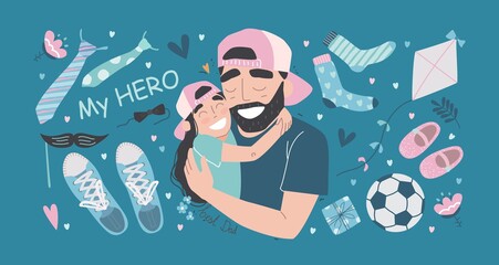 Father and daughter together. Fathers day vector illustration set in modern style. Happy Fathers Day greeting card