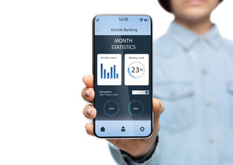 Unrecognizable lady showing trading app on mobile phone, empty space