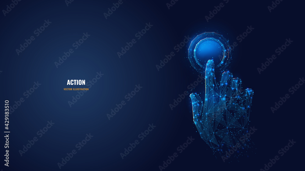 Leinwandbilder 3d hand with index finger pressing or pushing button. Action or gesture concept in dark blue. Abstract vector image looks like starry sky. Digital polygonal wireframe with dots, lines and shapes 
