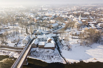 Aerial view of old town in city Kuldiga, Latvia.