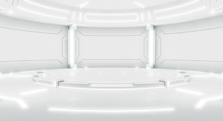 Futuristic interior with empty stage. Modern Future background. Technology Sci-fi hi tech concept. 3d rendering