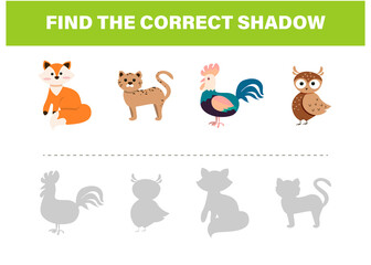 Obraz na płótnie Canvas Find the correct shadow. Cute animals. Educational game for kids. Collection of children's games. Vector illustration in cartoon style