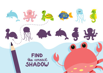Find the correct shadow. Cute sea animals. Educational game for kids. Collection of children's games. Vector illustration in cartoon style