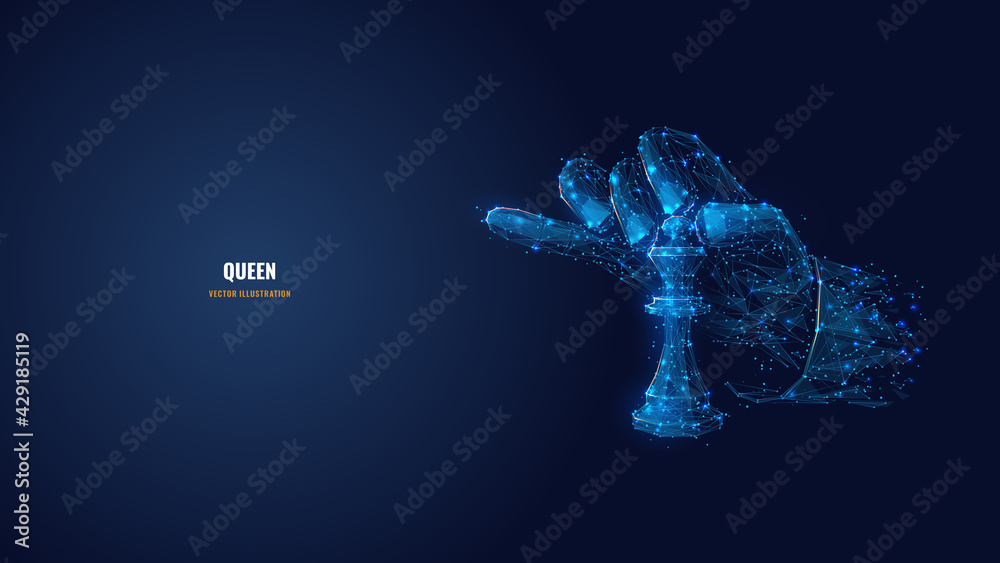 Leinwandbilder Abstract 3d hand holding chess piece queen isolated in dark blue background. Low poly mesh wireframe consisting of connected dots, lines and triangles. Digital vector image of chess game concept 