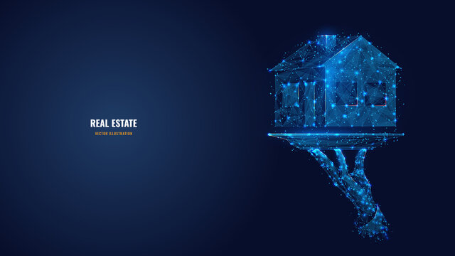 3d hand holding house icon on plate. Abstract vector agents arm and home in dark blue. Real estate, rental, sale or investment concept. Digital low poly wireframe with dots, lines, shapes and stars 