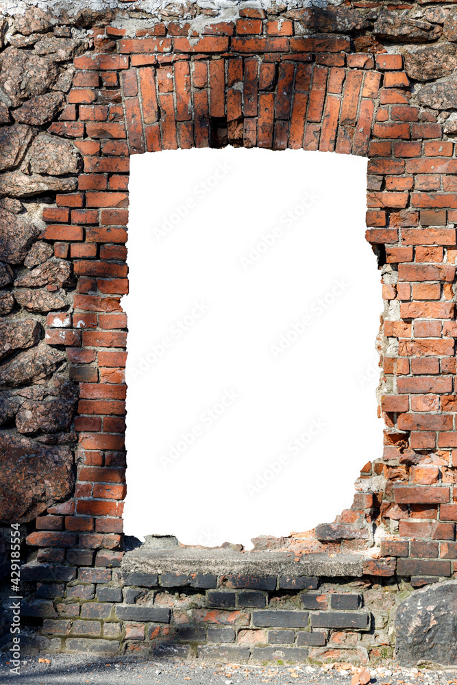 Poster old red brick wall with hole isolated on white background in the middle