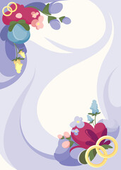 Poster template with flowers and rings. Wedding concept art.