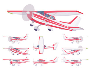 Light aircraft, red stripe plane livery set. Small regional logistics, mobility and transportation. Vector flat style cartoon illustration isolated on white background, different views and positions