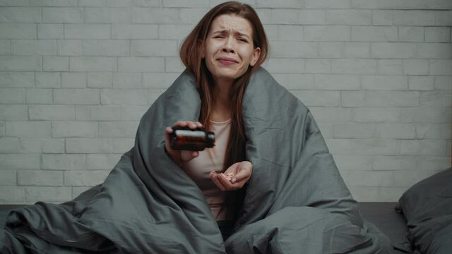 Depressed Woman Crying Pouring Medical Pills Commiting Suicide Indoor