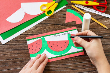Instruction step 11. Summer birthday card with watermelons with birthday greetings. Handmade. Childrens creativity project, crafts for kids.