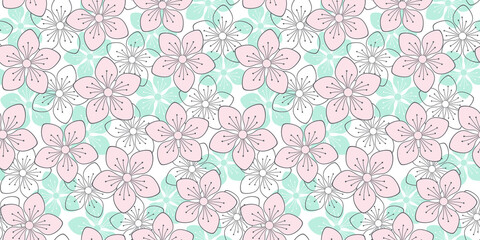 Floral endless background with colorful spring flowers. Vector seamless pattern for wrapping paper, packaging, cover, banner, greeting card, surface texture, website wallpaper and printing on clothes