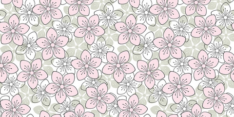 Floral endless background with soft spring flowers. Vector seamless pattern for wrapping paper, packaging, cover, wedding banner, greeting card, surface texture, website wallpaper, printing on textile