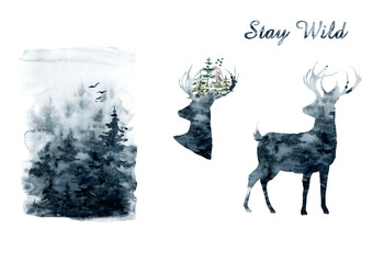 Watercolor illustration isolated deer, big antlers, flowers and birds on the horns, branches cherry flowering plant. Design Stay Wild Forest background