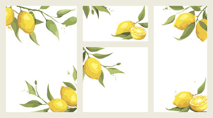 Summer card with lemon branch. Design elements with citrus fruits, vector illustration, label. - obrazy, fototapety, plakaty