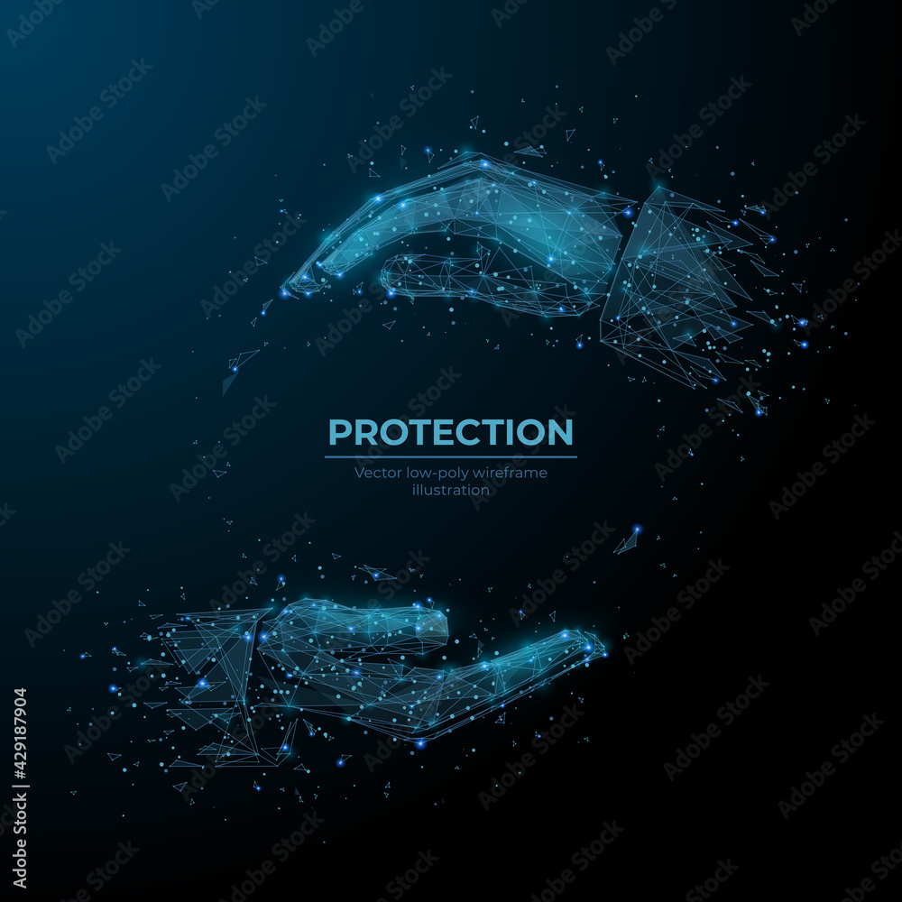 Poster Two human hands protecting or holding something. Abstract vector arm or palm in dark blue. Protection, hand gesture concept. Digital low poly wireframe with dots, lines, triangles and flying particles