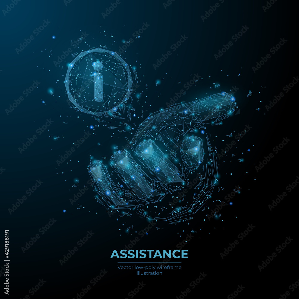 Poster 3d hand and information icon in dark blue. abstract human arm and support logo. assistance, hand ges